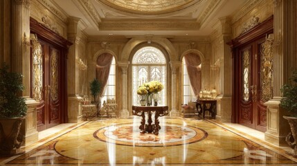 Obraz premium Elegant interior design of a luxurious foyer featuring marble floors, ornate columns, decorative plants, grand windows, and lavish furnishings in soft lighting
