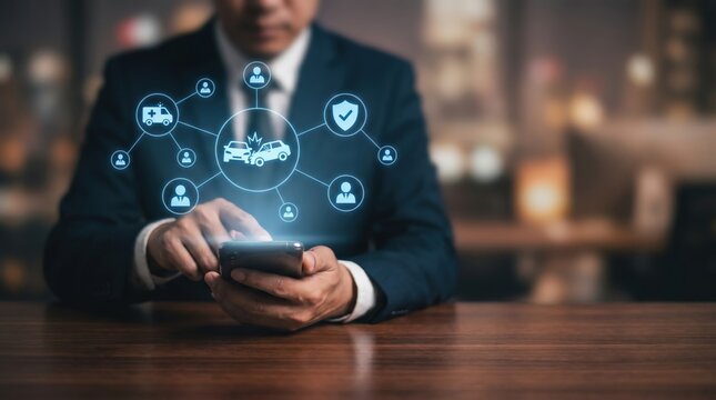 Digital Insurance Services Concept: Futuristic Holographic Network Map with Car Accident, Ambulance, and Shield Icons Hovering Over Smartphone in Dark Office