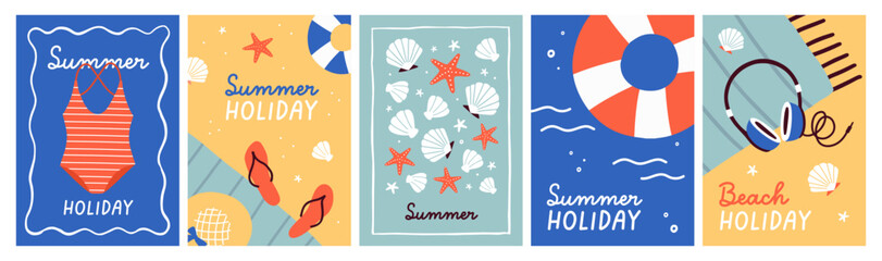 Obraz premium Summer holiday posters set with swimsuit, seashells, starfish, lifebuoy, flip flops on sand and headphones. Beach vacation, sea resort and travel card designs with phrases. Flat vector illustrations