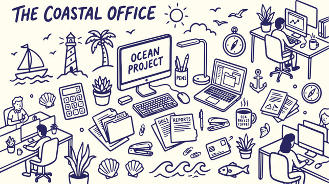 Modern office interior concept with computer workstations and coastal themed decorations.
