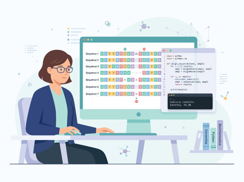 Scientist analyzing DNA sequences with Python code on computer screens while working indoors