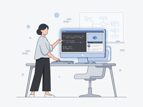 A woman coding on a computer while explaining code and flowchart with a calm mood