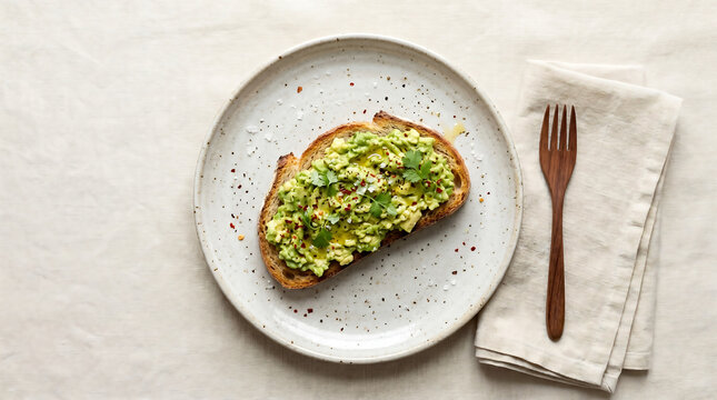 Avocado toast with fresh herbs on white plate minimal breakfast setting