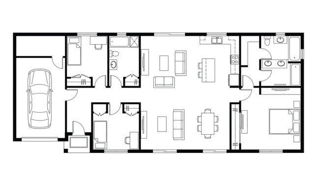 Architectural floor plan of a modern house with two bedrooms, a garage, and an open living area