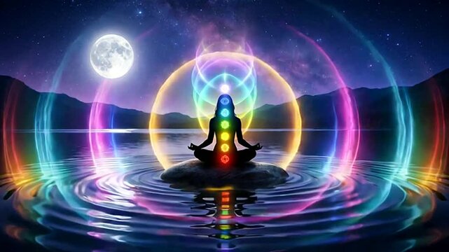 Spiritual Awakening with Chakra Meditation. Yogi silhouette in lotus pose channels Kundalini energy and cosmic power under a full moon, reflecting as a lotus flower.