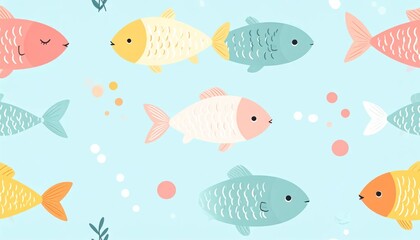 Fototapeta premium Colorful Pastel Fish Swimming in Playful Underwater Pattern