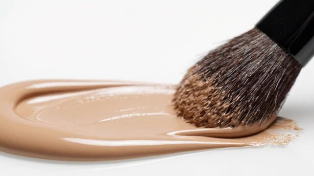 Close-up macro shot of a makeup brush applying liquid foundation swatch on a white background, beauty product application