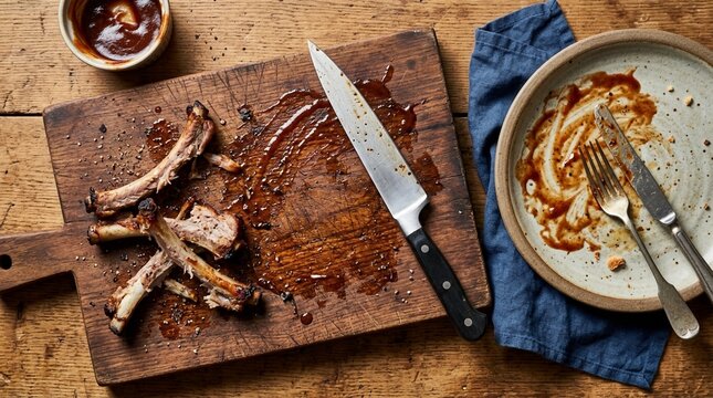 Leftover grilled ribs on a cutting board with a knife and a dirty plate with sauce on a wooden table