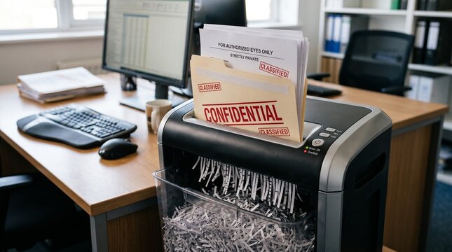 Paper shredder destroying confidential and classified folders and documents in an office, concept of data security, privacy protection, and corporate secrecy.