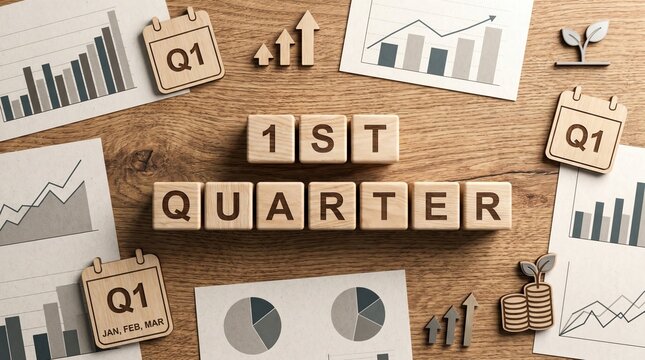 Wooden cubes spelling &ldquo;1ST QUARTER&rdquo; on wooden table, representing quarterly planning, performance and financial reporting
