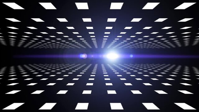 Abstract black and white geometric grid tunnel VJ loop with glowing lens flare light streaks moving across horizon line, for electronic music concert backgrounds and modern stage projection