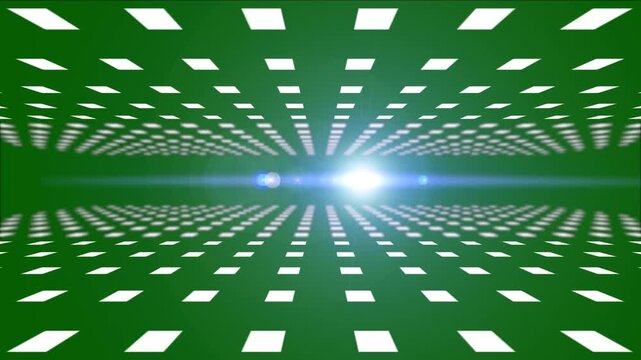 Abstract black and white geometric grid tunnel VJ loop with glowing lens flare light streaks moving across horizon line, for electronic music concert backgrounds and modern stage projection