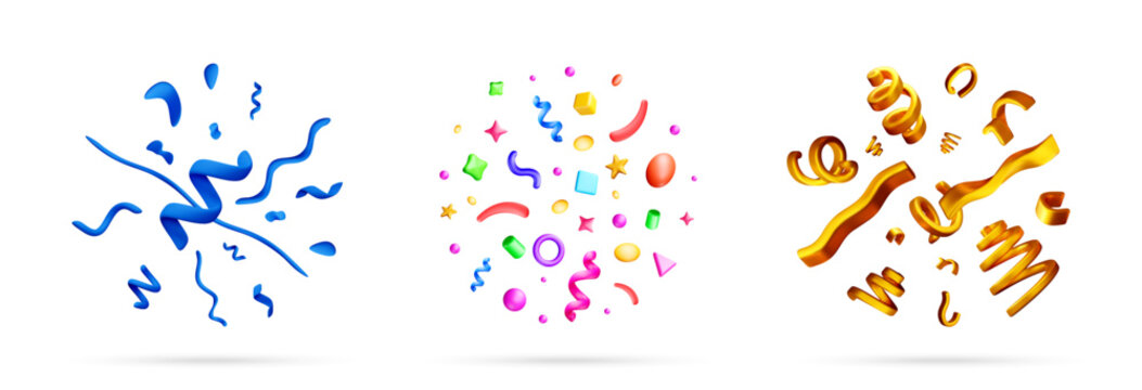 Set of 3d confetti and streamers for party celebration. Festive element collection with colorful shapes and gold ribbons. Decoration icons isolated on white background for design. Vector illustration