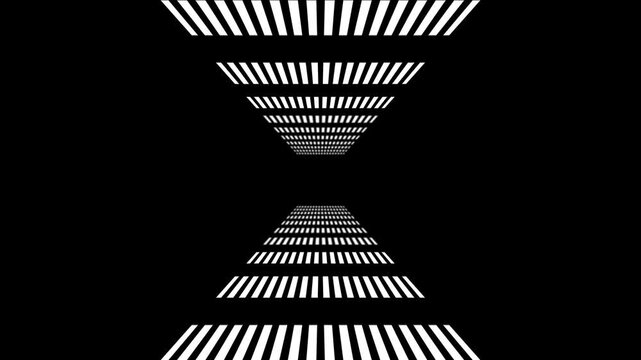 Retro geometric grid horizon line animation,high contrast black and white abstract digital grid tunnel VJ loop featuring vibrant, hypnotic black and white tall pattern grid background in Infinite Loop