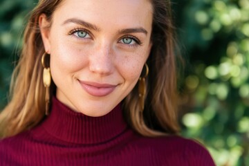 Obraz premium The woman in a burgundy turtleneck smiling in natural sunlit outdoor portrait with greenery