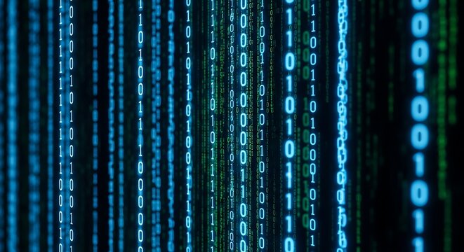 Glowing blue and green binary code streams falling vertically on a dark background, representing digital data and technology.