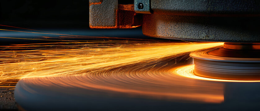 A tool grinds metal in a workshop. Sparks fly from the spinning disk as it works on the surface. Machines make noise in the background