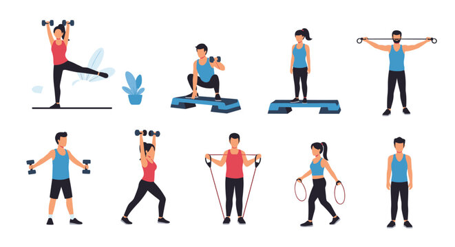 Diverse collection of male and female characters performing various fitness exercises and strength training with equipment.