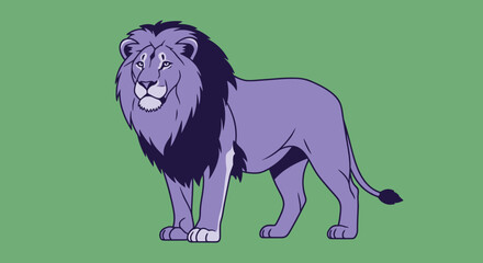 Purple lion character with dark mane standing in profile © fajri