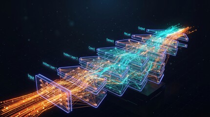 Naklejka premium Data stream visualization illustrates translucent geometric layers connected by vibrant orange and teal light trails.