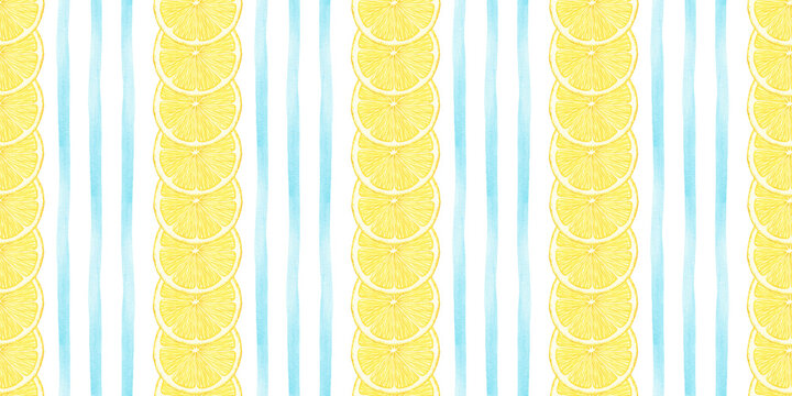 Lemon slices Amalfi coast background of Positano style. Citrus fruits and blue striped watercolor seamless pattern. Summer gingham Italian print for fabric, bedding, kitchen textiles, tablecloth