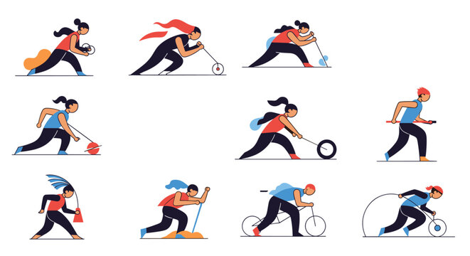 Collection of athletes in different poses performing exercises and activities with circular equipment like hoops and wheels.