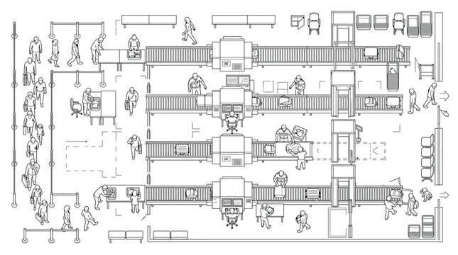 Airport security checkpoint with passengers and security officers, top view vector illustration