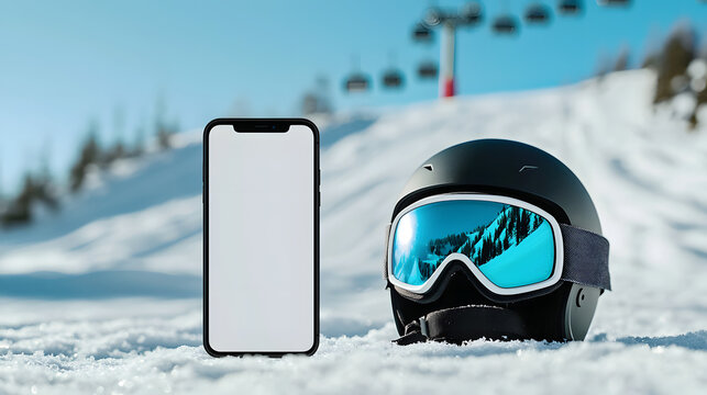 A smartphone mockup with a blank screen next to ski goggles in a snowy mountain landscape &ndash; a winter sports and travel technology concept
