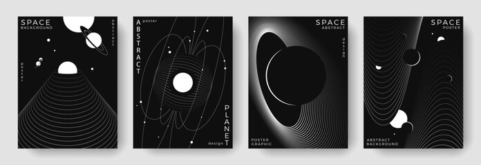 Abstract posters set of space astronomy backgrounds. Linear simple planet, galaxy, black hole. Black and white science future posters. Futuristic minimal design for cover, banner, flyer, layout © Anastasiya Stoma