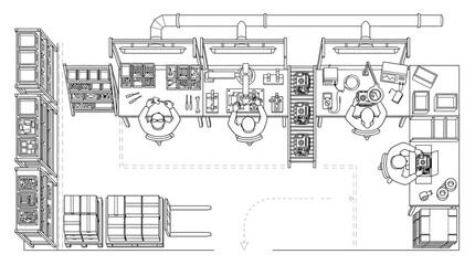 Naklejka premium Top view of a manufacturing assembly line with workers and robotic arm in a factory floor