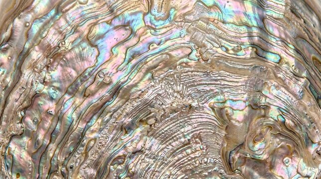 Close-up macro shot of the iridescent, patterned interior of an abalone shell