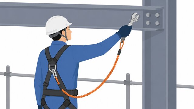 建設現場で工具を落下防止コードに繋いで作業する作業員のイラスト