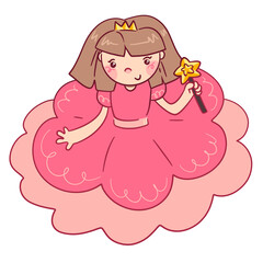 Cute little princess in pink dress holding a magic wand. Fairy tale girl cartoon character PNG illustration. © Olga Kalina