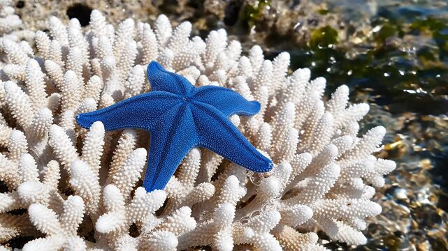 Blue starfish crawling over white coral. Marine animal moving. Five arm creature slowly.