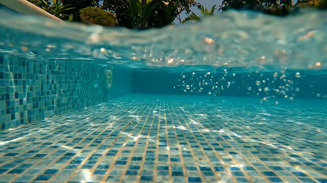 Blue mosaic tiles lining swimming pool. Underwater view clear water. Rippling surface liquid.