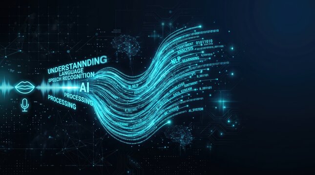 Artificial intelligence language processing flows through a luminous network of glowing blue lines representing voice recognition and speech analysis.