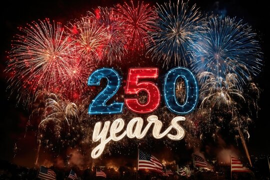 250 Years Fourth of July Fireworks Celebration with American Flags