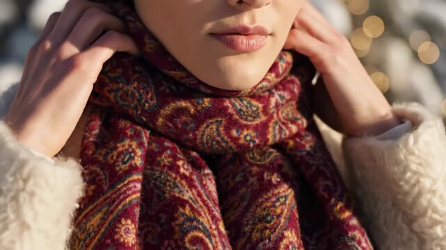 Close-up of a woman adjusting a patterned wool scarf in slow motion. Detail of winter fashion and warm clothing. Cozy seasonal lifestyle concept