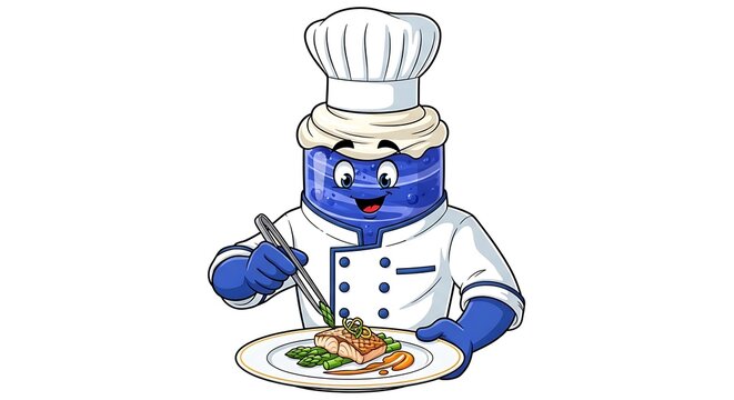 Blue robot chef holding food tray.