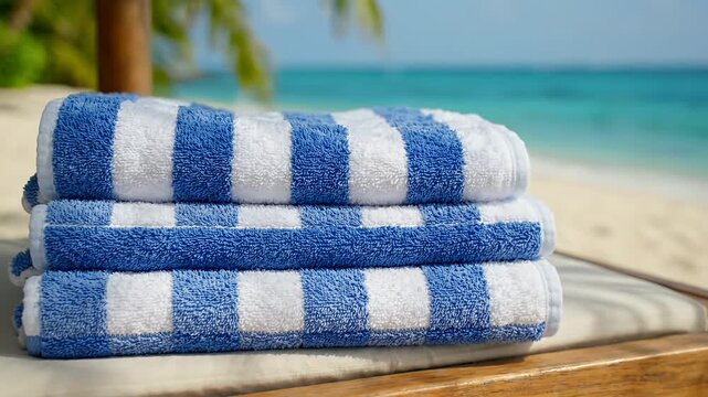 Blue white striped cotton towels folded. Soft textile fabric. Terry cloth texture. Beach.