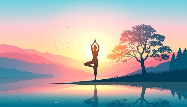 Silhouette of woman in yoga tree pose on lake shore at dawn pastel background