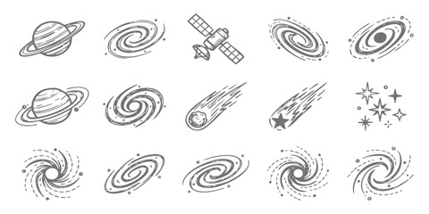 Set of hand drawn space elements including planets galaxies stars and satellite in a simple sketch style © ZenVectors
