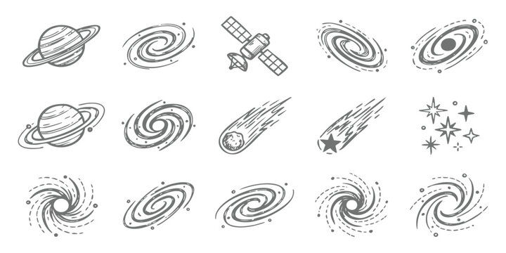 Set of hand drawn space elements including planets galaxies stars and satellite in a simple sketch style