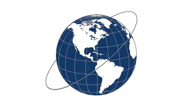 A blue and white illustration of the Earth with a grid pattern and orbiting lines