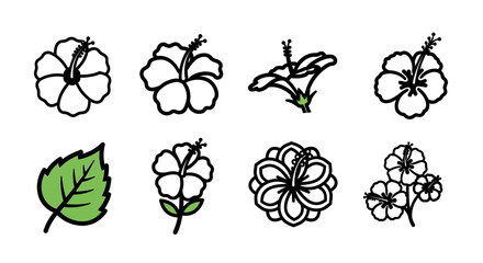 Hibiscus flower outline icon set with tropical floral elements and botanical leaf designs © Tulippp