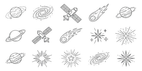 Set of hand drawn space icons with planets galaxies satellites comets and stars for your creative designs © ZenVectors