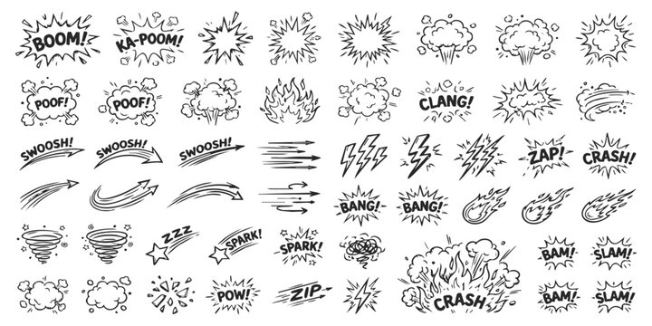 Set of hand drawn comic book sound effect speech bubbles and action symbols for graphic design projects