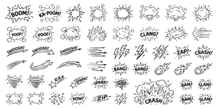 Set of hand drawn comic book sound effect speech bubbles and action symbols for graphic design projects
