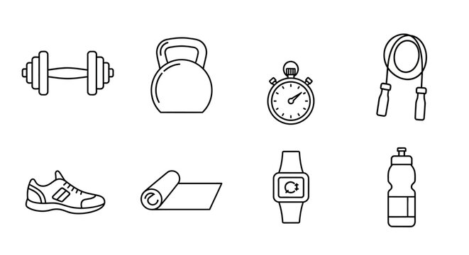 Set of Fitness and Gym Equipment Line Icons for Workout and Exercise Training