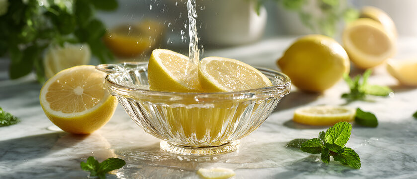 Lemons and mint leaves splashed with water in a clear glass bowl on marble countertop, vibrant citrus halves preparing for a refreshing, hydrating summer drink